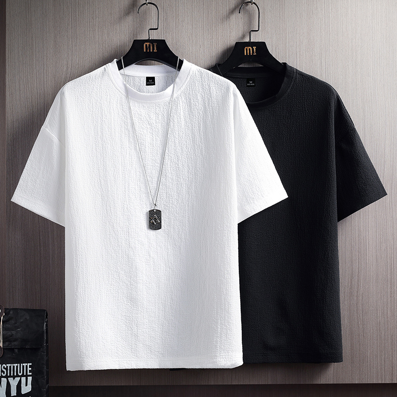 Kuraishi Kazuki Trendy Brand Ice Silk Short-Sleeve T-Shirt for Men, Summer Thin Loose Linen Solid Color Half-Sleeve Top