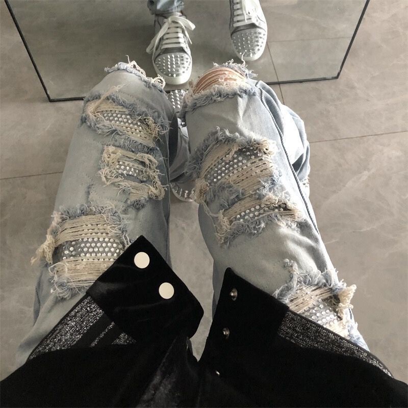 Unisex European and American High Street ins Heavy-Duty Rhinestone Patch Ripped Light-Colored Slim-Fit Stretch Skinny Jeans Trendy