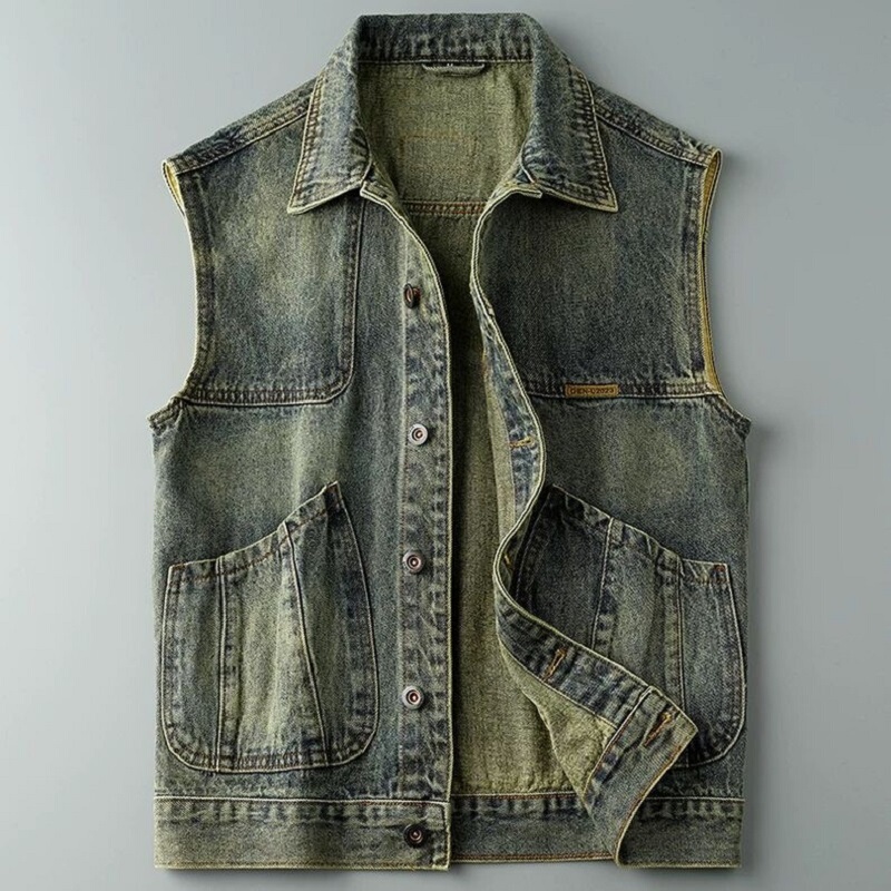 American Retro Washed Distressed Denim Vest Men's Trendy Brand Handsome Loose Casual Sleeveless Vest Jacket