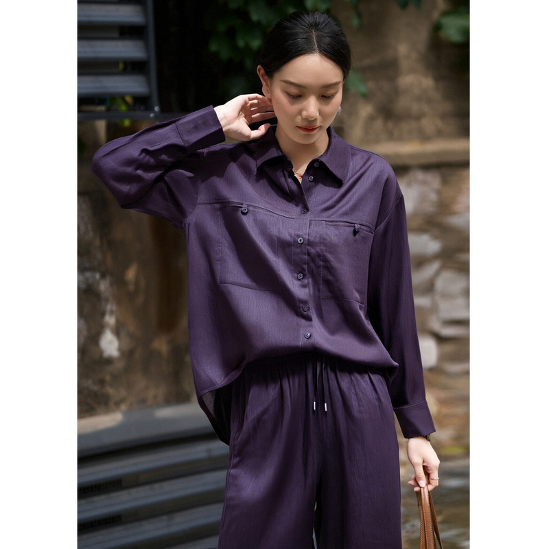 Qianyun/High-End Yulu Linen 2026 Autumn New Women's Purple Long-Sleeve Shirt + Wide-Leg Floor-Length Pants Women's Suit
