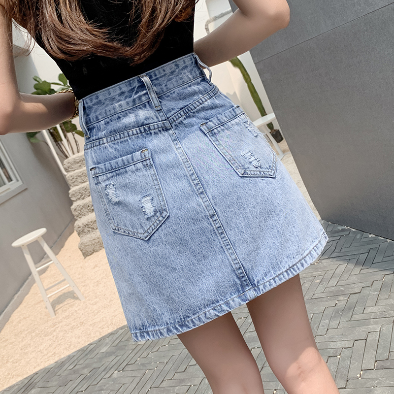 một chữ mùa hè váy lưng cao mới phụ nữ denim váy của năm 2020 cơ thể quấn hông ngắn váy chương váy mỏng