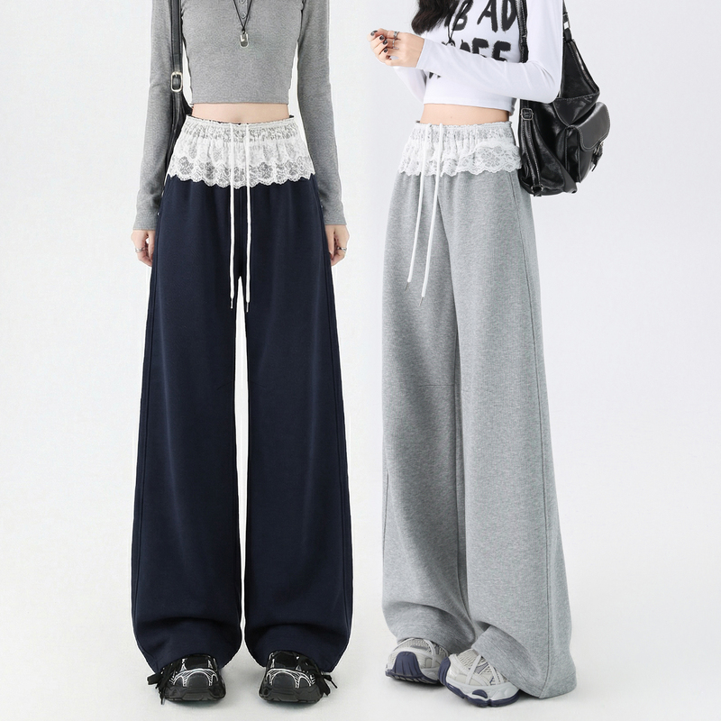 Gray Lace Patchwork Sports Casual Pants for Women, Autumn 2026 New High-Waisted Loose Slimming Wide-Leg Sweatpants Gray Lace Patchwork Sports Casual Pants for Women, Autumn 2026 New High-Waisted Loose Slimming Wide-Leg Sweatpants