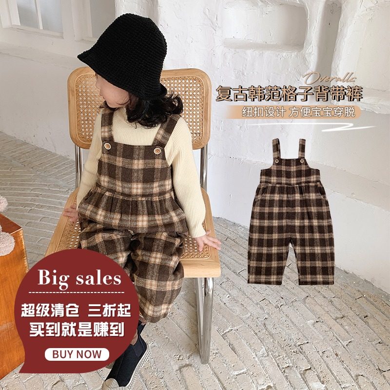 mini dan girl vintage suspender pants autumn winter wear new Japan-Korea style foreign style plaid children plus fleece slip pants