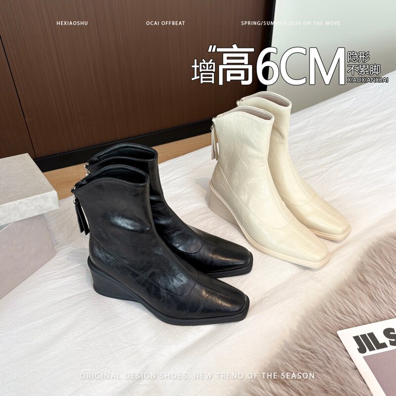 Retro Wedge Square-Toe Short Boots 2026 Autumn and Winter Cool and Stylish Versatile Stretchy Slim Boots High-Heeled Chelsea Martin Boots