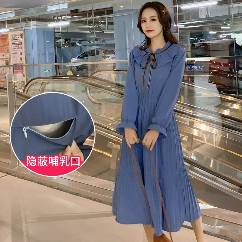 Phụ nữ mang thai cho con bú quần áo thời trang bà mẹ nóng mẫu quần áo phụ nữ sau sinh quần áo thời trang bà mẹ thời trang mùa xuân váy voan mỏng cho con bú - váy đầm