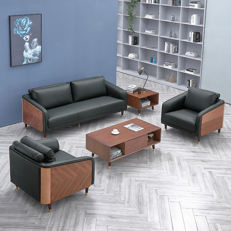 Office sofa genuine leather minimalist modern guest owner upscale solid wood tea table business combined reception suit