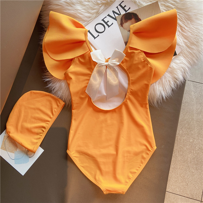 2023 New Orange Solid Color Bow Knot Backless Ruffles Korean Version One-Piece Girls Swimsuit Bikini Swimsuit