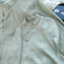 (Light Emerald Green) Spring and Autumn Thin National Style New Chinese Style Parent-child Clothes Jacquard Small Shirt to Wear Outside and Hanfu Tops for Children