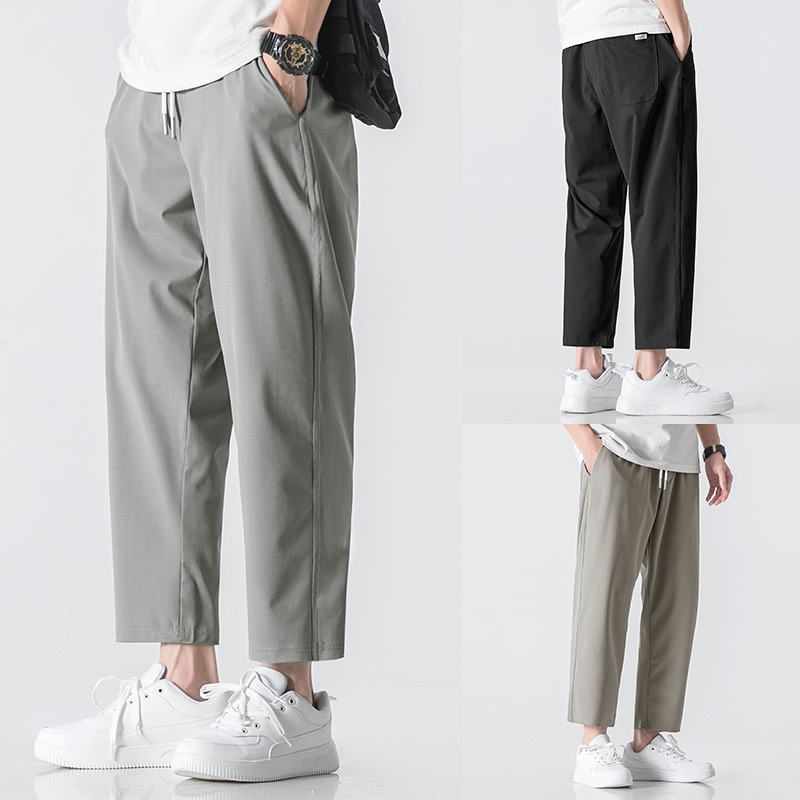 WOODSOON ice silk nine-point pants summer loose straight boys casual trend simple cool all-match men's pants