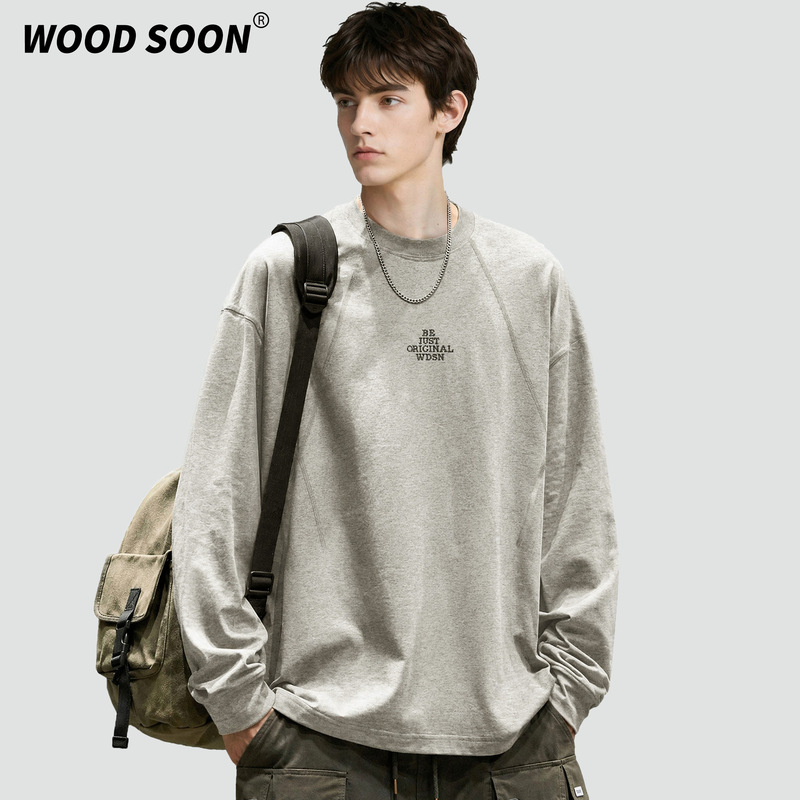 Woodsoon American-Style Letter Design Long-Sleeve T-Shirt for Men, Autumn Vintage Street Style Loose Base Shirt
