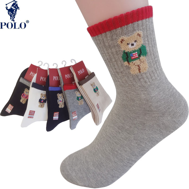 Polo Paul Autumn and Winter Mid-Calf Sports Socks for Women, Sweat-Absorbent, Breathable, Deodorant, Warm, Casual Bear Socks
