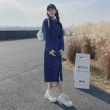 Синее джинсовое платье, весенний осенний приталенный корсет, французский стиль, изысканный стиль, 2023, подходит для подростков, с акцентом на бедрах