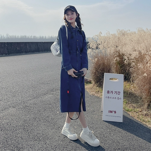 Синее джинсовое платье, весенний осенний приталенный корсет, французский стиль, изысканный стиль, 2023, подходит для подростков, с акцентом на бедрах