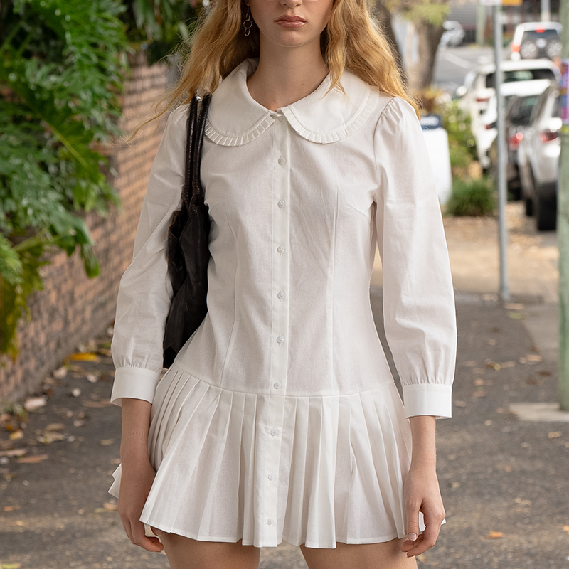 My Mum Made It/Mmmi Eco-Friendly Organic Cotton Long-Sleeved Shirt-Style Button Pleated Dress