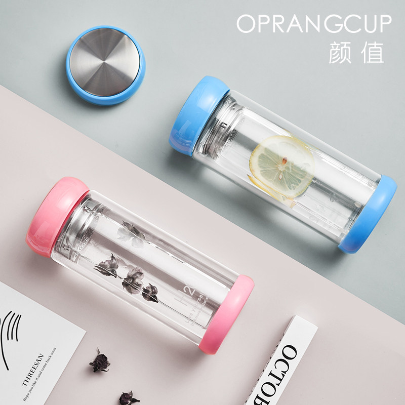 Double-layer glass household portable water cup simple and fresh forest female tea cup male cup custom wholesale logo