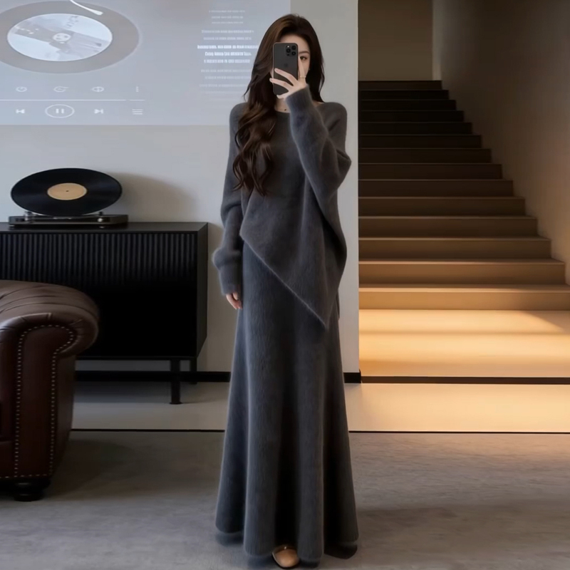 Gray Sweater Knit Dress for Women, Early Spring 2026 New Style, Very Pretty, Korean Style Outfit, Complete Set Long Dress