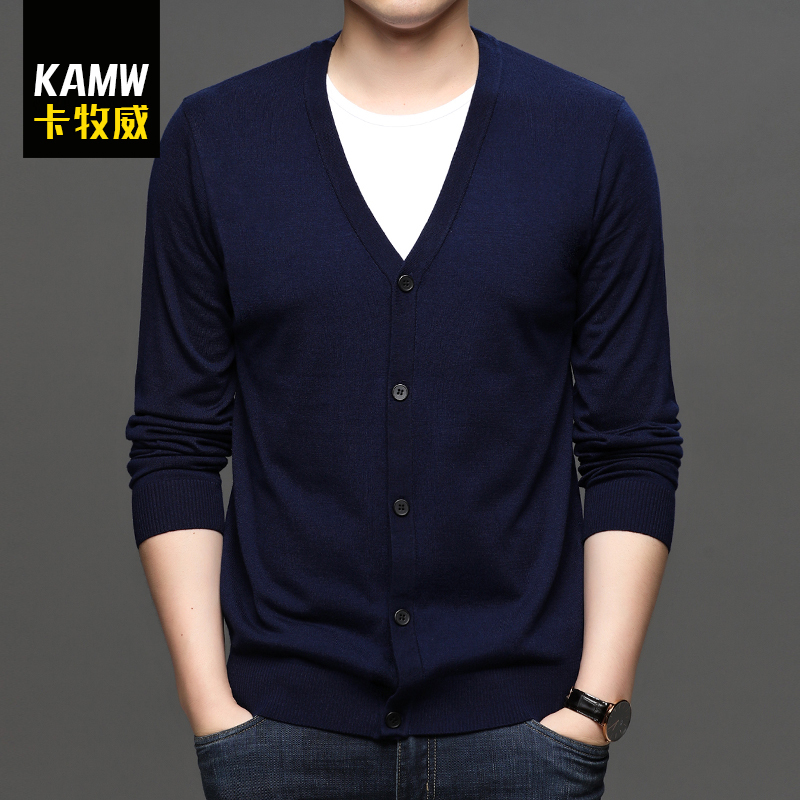 Wool Cardigan Men's Long-Sleeve Knitwear Thin Jacket Autumn Open-Front Wool Sweater V-Neck Solid Color Men's Outerwear