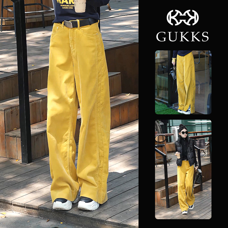 Gukks Corduroy Pants for Women, Yellow, 2025 Spring New Casual Pants, Zippered Straight-Leg Loose Slimming Pants