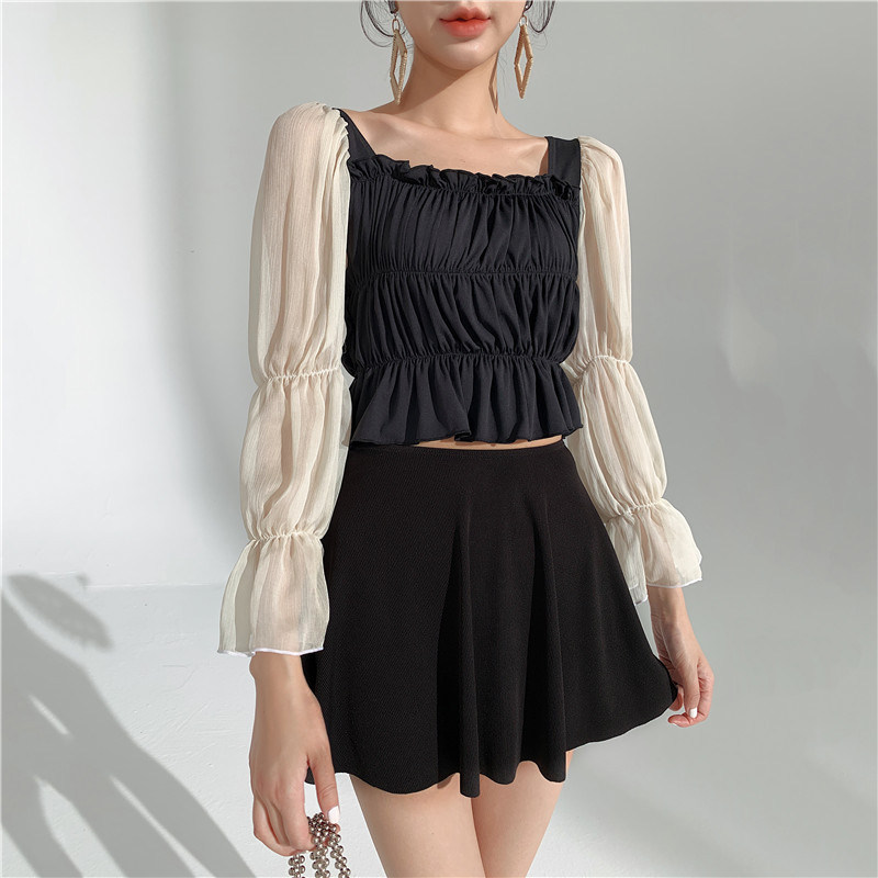 Princess Sulana split swimsuit female Conservative thin belly skirt chiffon long sleeve black hot spring swimsuit