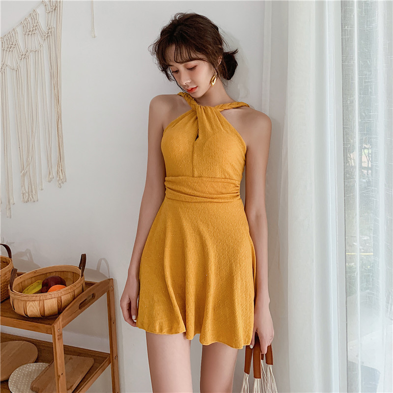South Korea Turmeric Color INS Tandem Swimsuit Women Conservative slim Belly Belly big breasts Sexy Skirt Style Spa Swimsuit