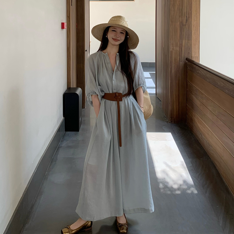 Plus-Size Vacation-Style Half-Sleeve Dress for Women in Summer, Slightly Loose, Slimming, Concealing, Stylish A-Line Long Dress Plus-Size Vacation-Style Half-Sleeve Dress for Women in Summer, Slightly Loose, Slimming, Concealing, Stylish A-Line Long Dress