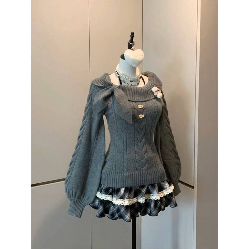 Vintage-Style Cute Bunny Ear Collar Waist-Cinching Slim-Fit Sweater for Women, 2025 Autumn and Winter Elegant Sweater Top, Dopamine Girl Style