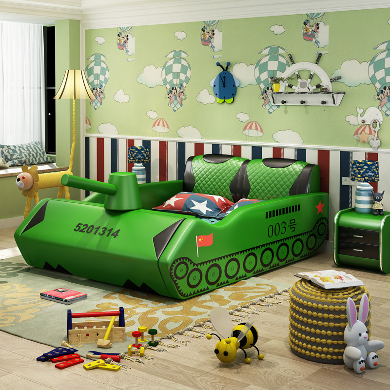 Cartoon Car Bed Children's Bed Boy With Guardrails Personality Single Beds 1 2 1 5 m Creative Tank Genuine Leather Beds