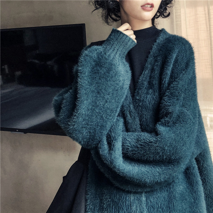 2022 autumn and winter new knitted loose short tops imitation mink velvet lazy wind thickened cardigan sweater coat women