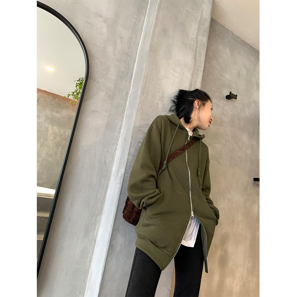 Two-way oblique zipper hooded sweatshirt women's autumn new all-match loose casual sports long-sleeved top coat