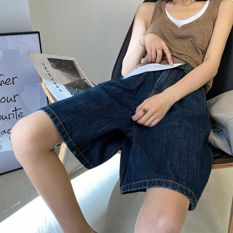 Wide leg denim shorts high waist thin women's summer 2020 new retro port taste five-point pants casual loose pants