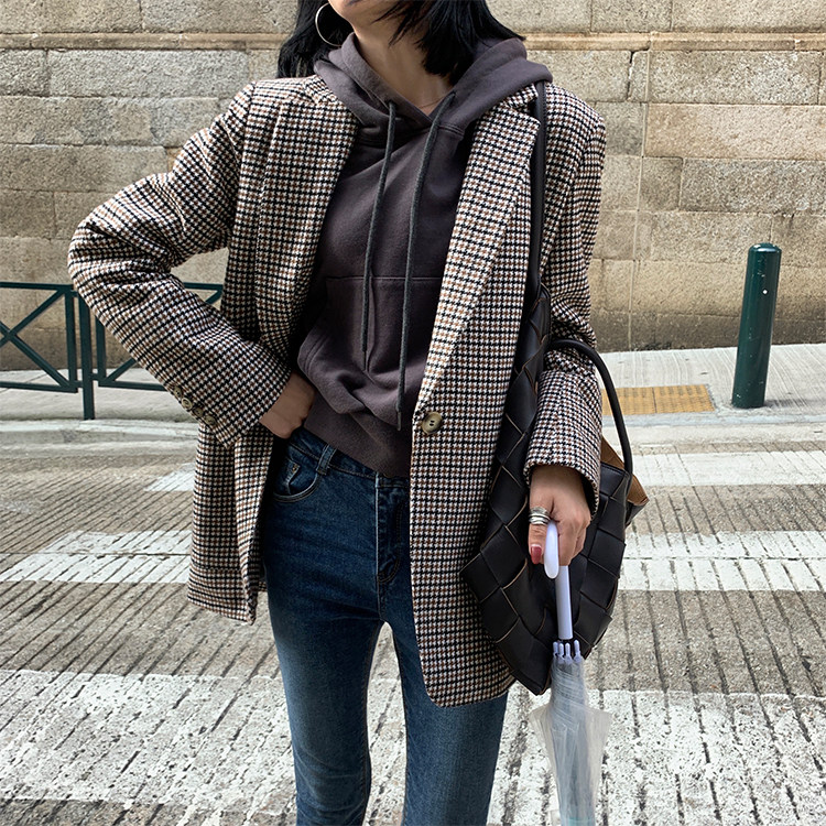 Houndstooth quilted retro woolen suit women's loose and casual all-match thin lapels with wool shoulder pads