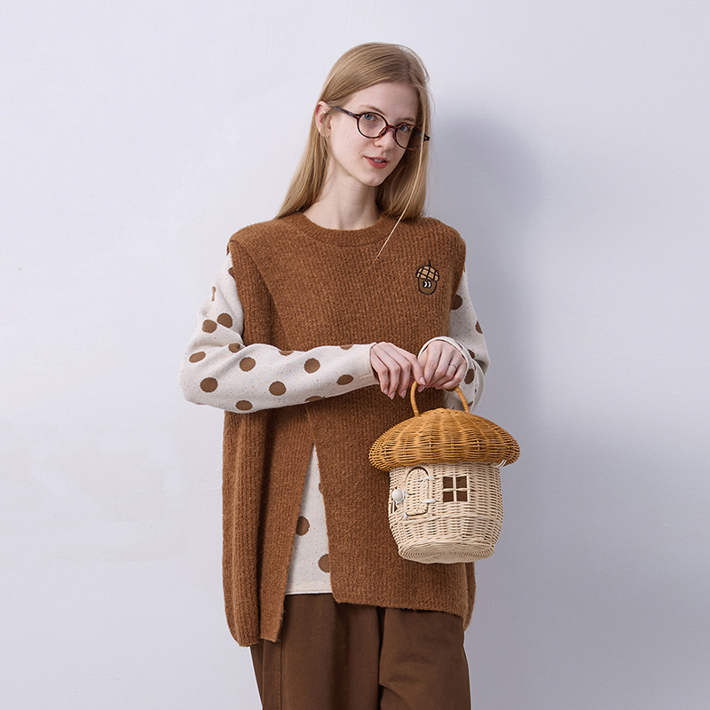 016【Discounted Item】Qiyin Original Design Wool Vest Loop Pile Caramel Color for Girls