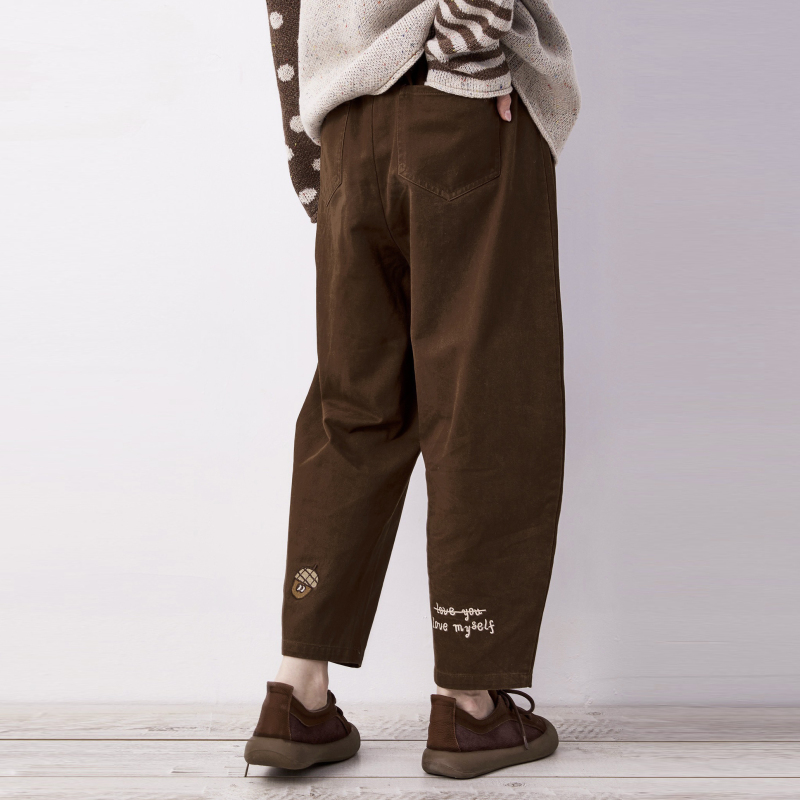 Qinian Original Acorn Embroidery Cotton Autumn Hot Cocoa Harem Pants for Slightly Chubby Plus Size, Banana Pants, Dad Pants, Scimitar Pants