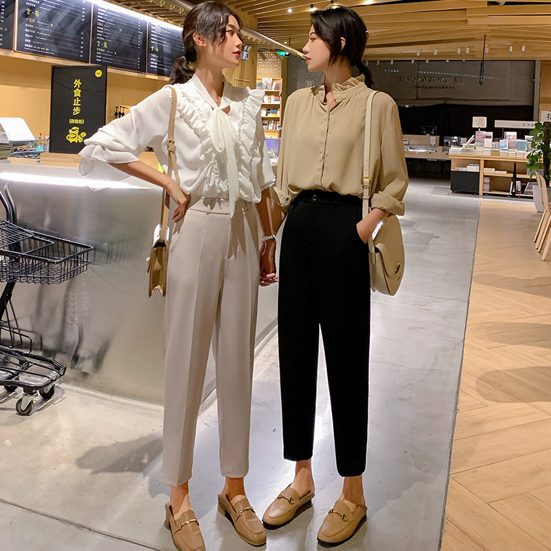 Suit pants women's nine points 2023 new autumn black trousers loose pants high waist slim straight pants cigarette pants