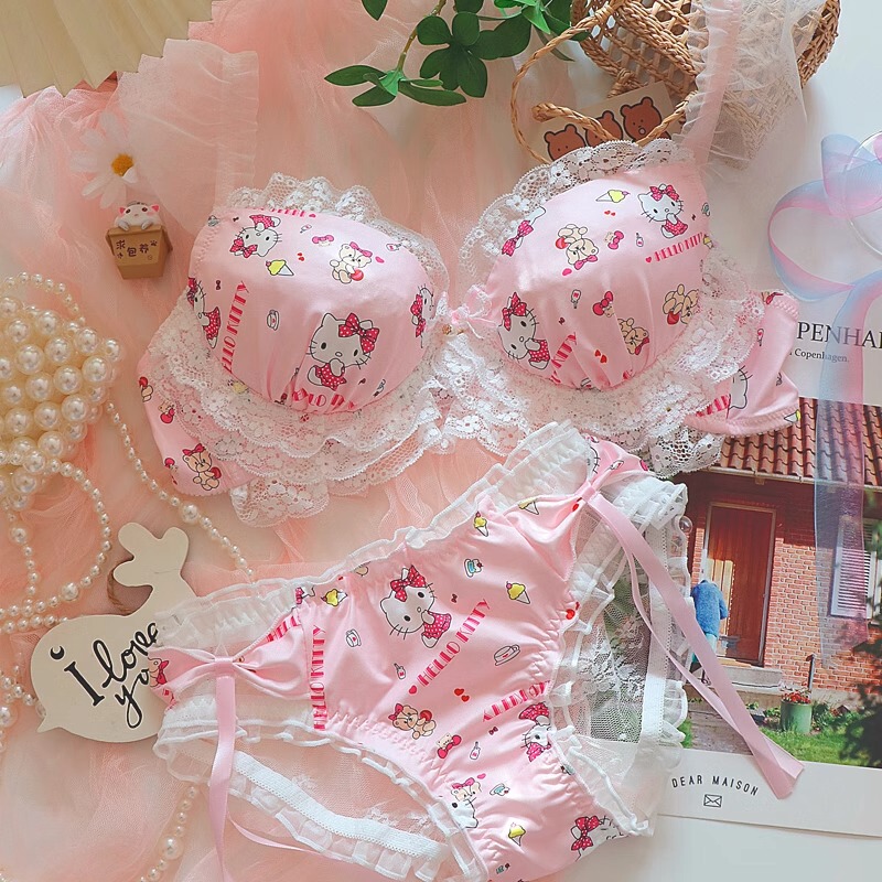 Pink Kitty~Sweet and Cute Student Girl Lingerie Japanese-Style Lace Pure Desire Small Chest Push-Up Bra Set