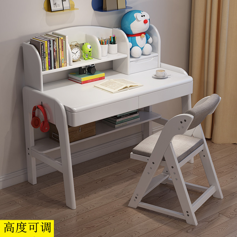 White children's solid wood desk can lift the learning table Primary school student chair Home bedroom simple with bookshelf combination