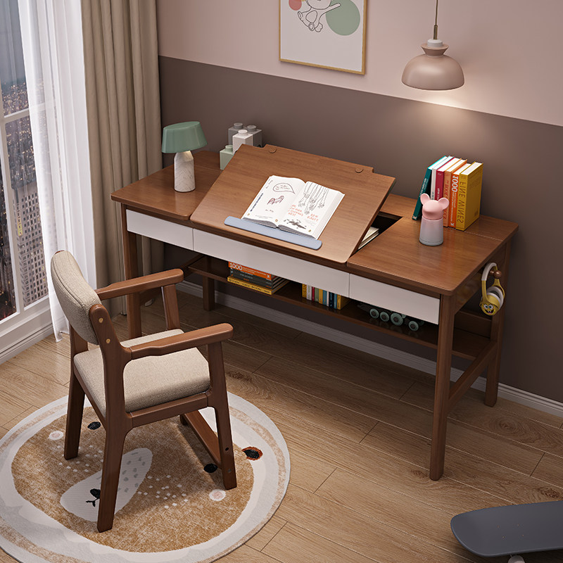 Primary school students writing desk desktop tilting home Nordic all solid wood study desk bedroom simple reading desk chair