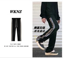 WKNZ High Street Vide Side Striped Casual Pants Men Spring Summer Straight Barrel Loose Webbing Open Fork Zip Long Pants