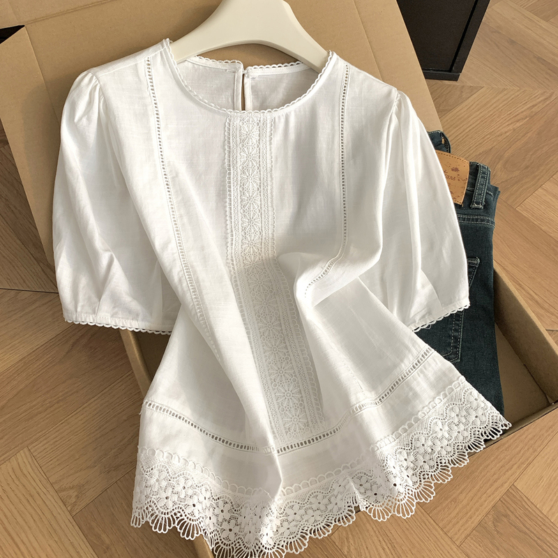 Gentle Style White Lace Trim Puff Sleeve Shirt for Women, Summer Loose Embroidered Hollow Design Round Neck Top