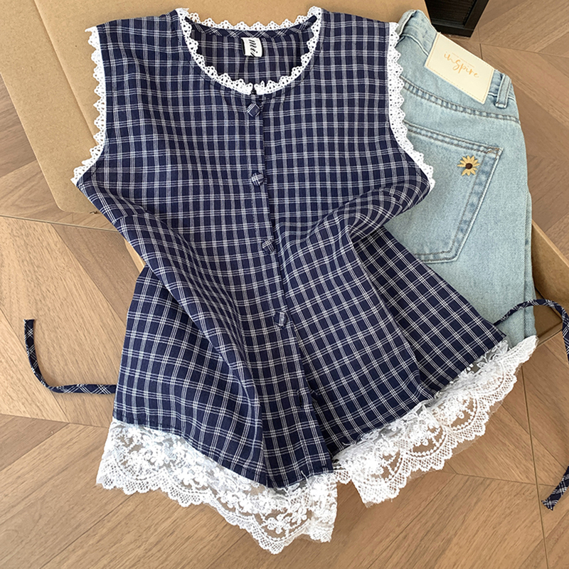 Retro Style Lace Plaid Sleeveless Vest Shirt for Women Summer Lace-Up Waist Slimming Sweet Style Cardigan Top