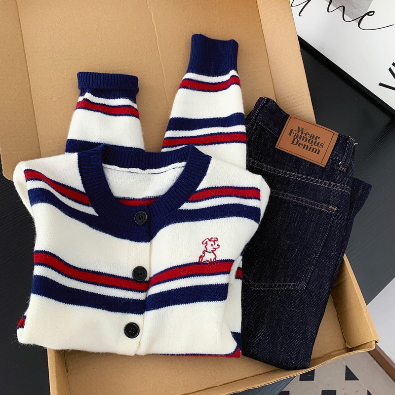 Korean Style College Style Color-Block Striped Knit Cardigan for Women Early Spring Vintage Lazy Style Puppy Embroidery Sweater Jacket Top