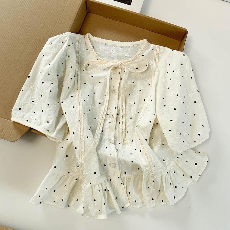 Korean Sweet Style Embroidered Polka Dot Puff Sleeve Shirt for Women, Summer Lace-Up Ruffle Versatile Loose Top