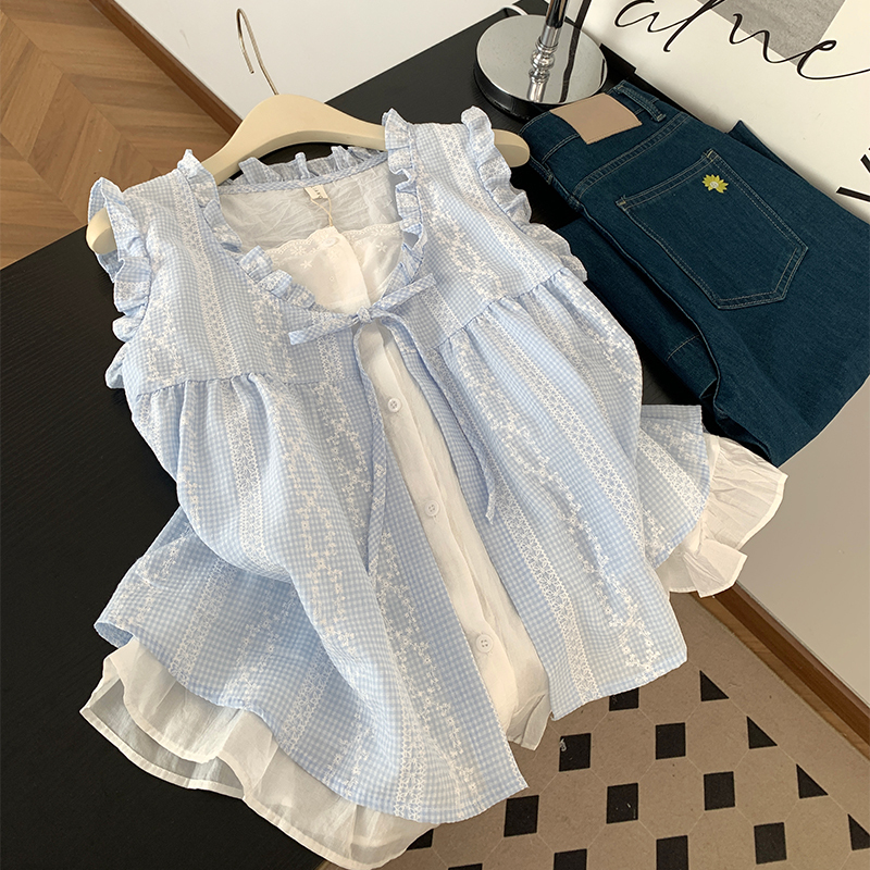 Korean-Style Heavy Jacquard Embroidery Bow-Tie Sleeveless Shirt for Women, Summer Design with Ruffled Small Flutter Sleeves Top