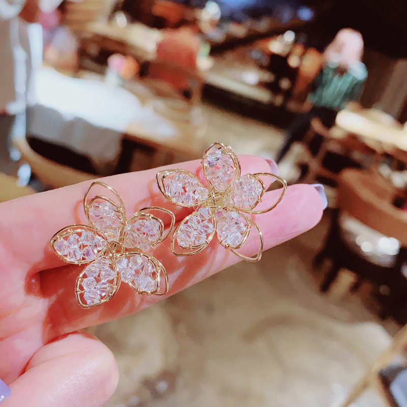 s925 Petal Korea East Gate Crystal Hollowed-out Flowers Earrings Super Fairy Silver Needle Ear Pin Small Fresh Temperament Ear Pendant
