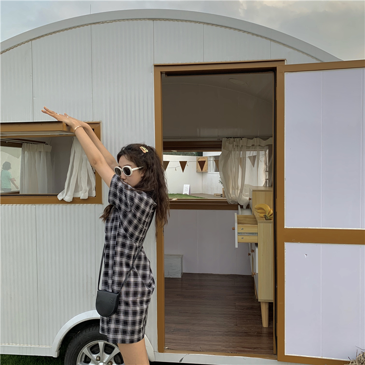 VK旗艦店 韓系格紋復古文藝polo短袖洋裝