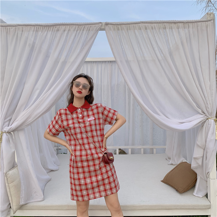 VK旗艦店 韓系格紋復古文藝polo短袖洋裝