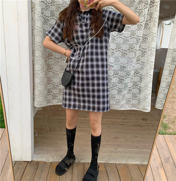 VK旗艦店 韓系格紋復古文藝polo短袖洋裝