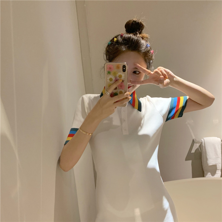 VK旗艦店 韓系小清新polo彩虹領針織短袖洋裝