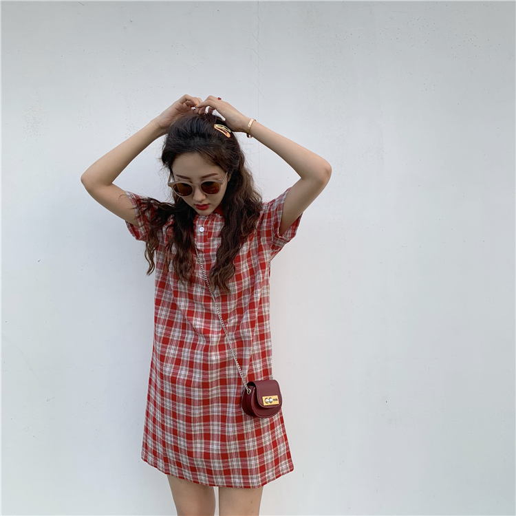 VK旗艦店 韓系格紋復古文藝polo短袖洋裝