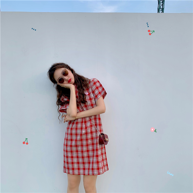 VK旗艦店 韓系格紋復古文藝polo短袖洋裝